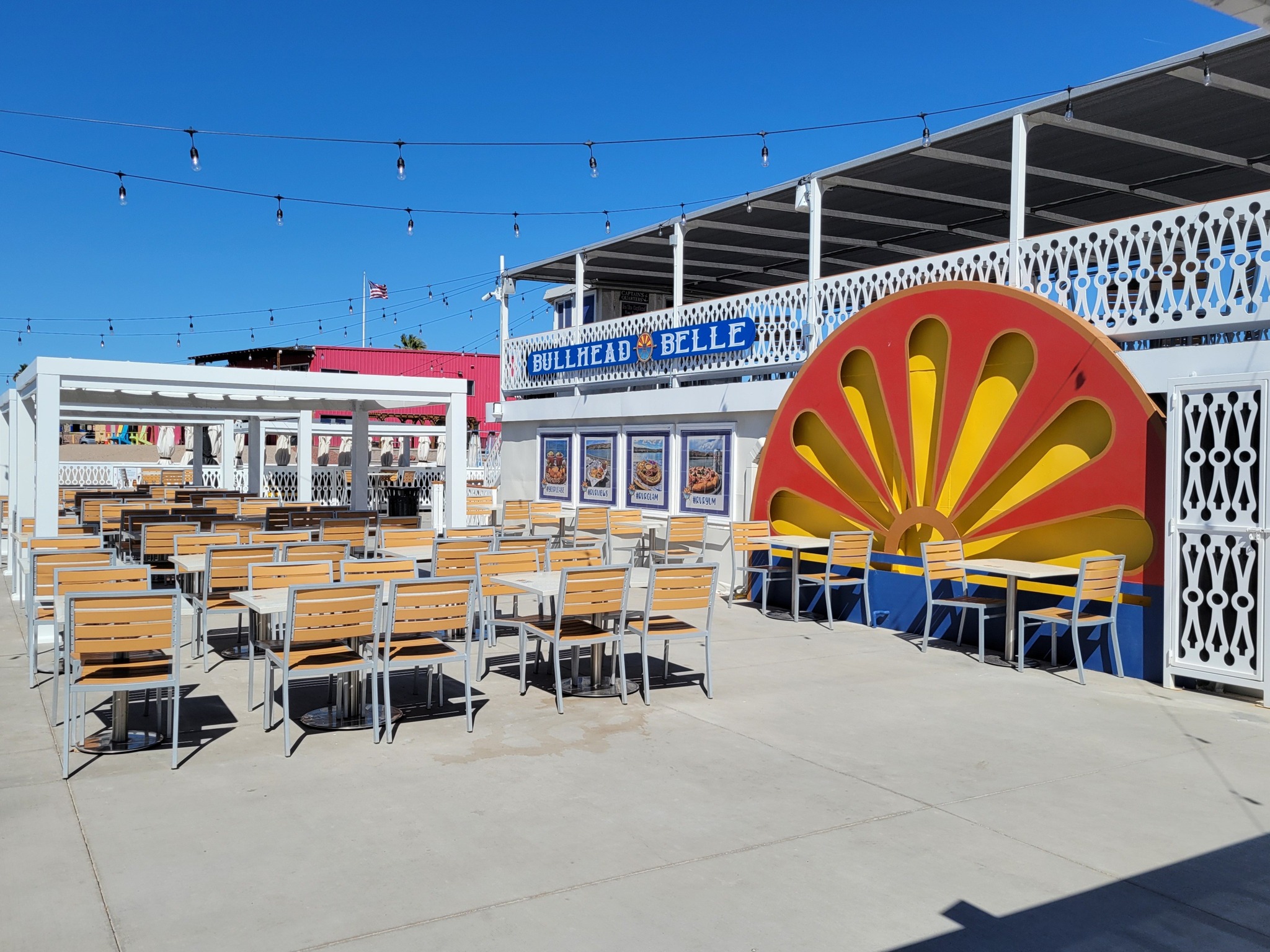 City's boat themed restaurant with patio tables