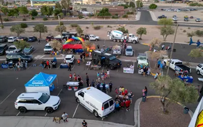 aerial photo of community event at a police station