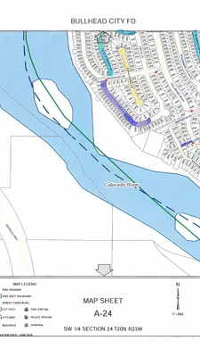 Map of City Streets near Castle rock Cir and Riverside Dir with colored highlighted areas depicting sections of streets to be treated on specific days