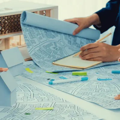 Arms and hands of three people standing at a table holding paperwork with house models