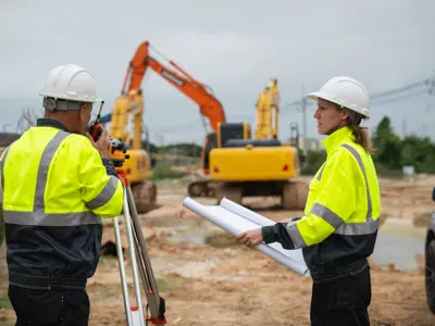 Man and women on grading site with heavy equipment