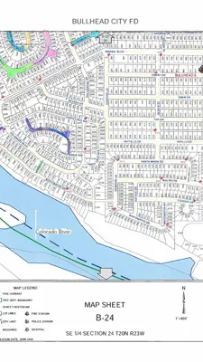 Map of City Streets near marina blvd and Colorado Blvd with colored highlighted areas depicting sections of streets to be treated on specific days