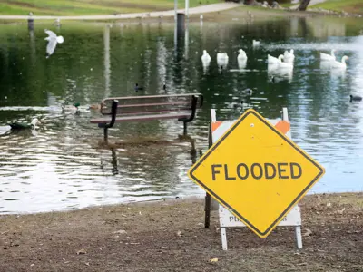Ponding water, bench with flooded sign